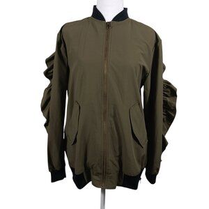 Gianni Bini Dark Khaki Jacket W/Ruffled Back & Sleeves, Size Medium, Utility